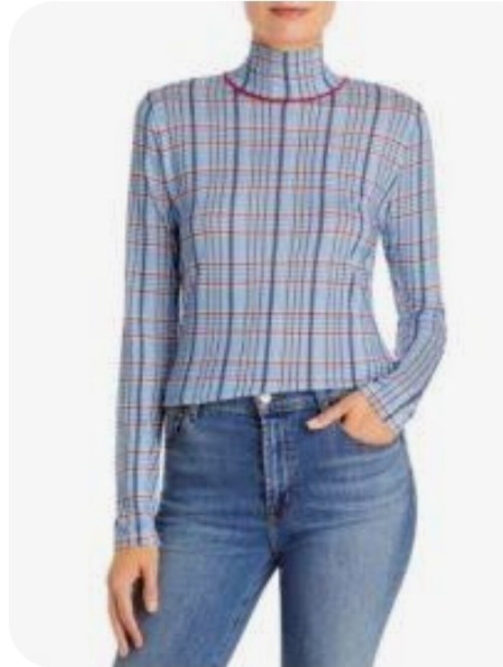 rag & bone Viral Blue Plaid Turtleneck Long Sleeve Top - Size XS